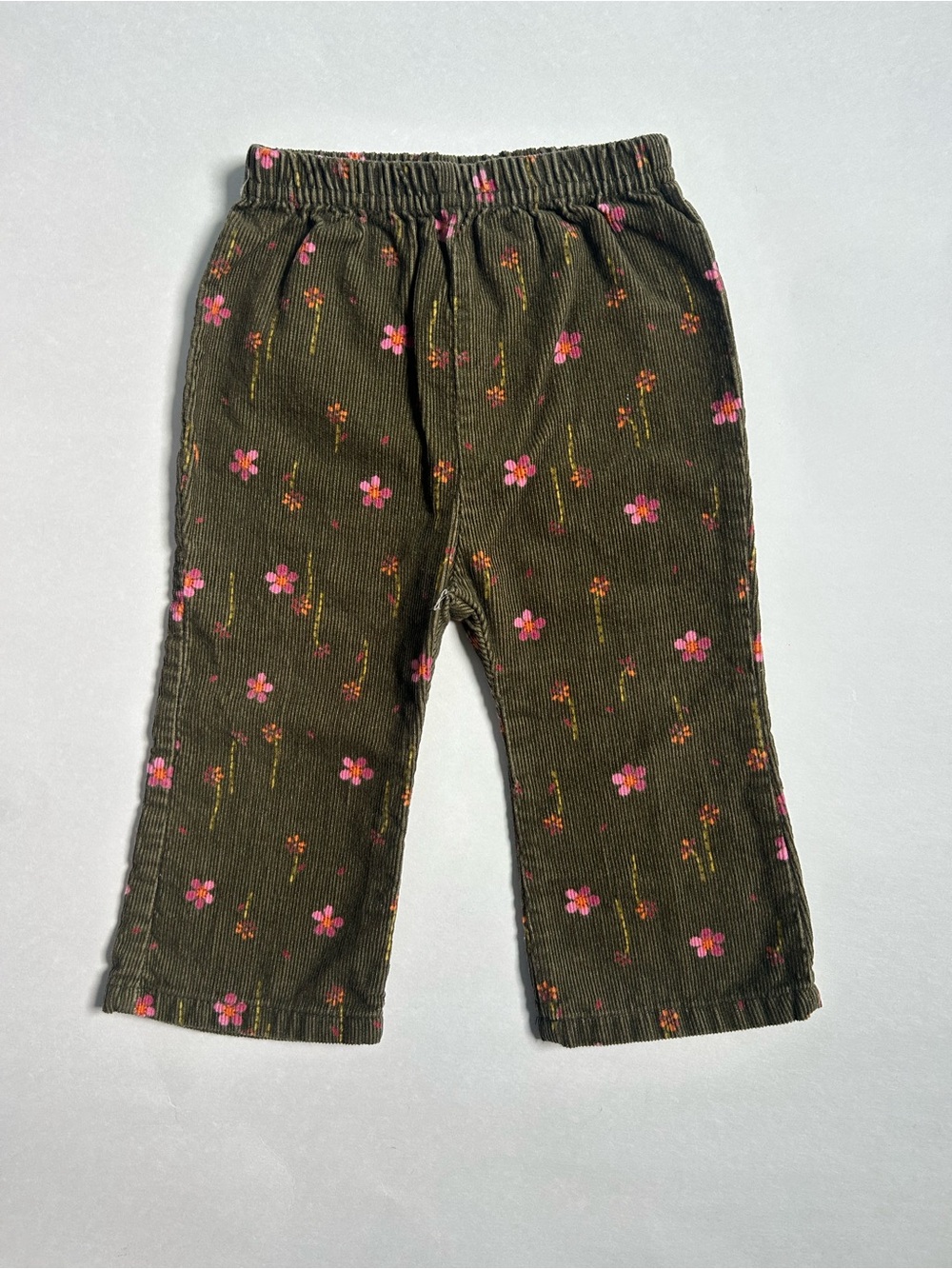 Vintage Girls Olive Green Floral Corduroy Pants - Pink Flower Print